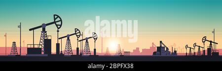 pumpjack petrolio produzione commercio olio industria concetto pompe attrezzature industriali carro di perforazione tramonto sfondo orizzontale illustrazione vettoriale Illustrazione Vettoriale