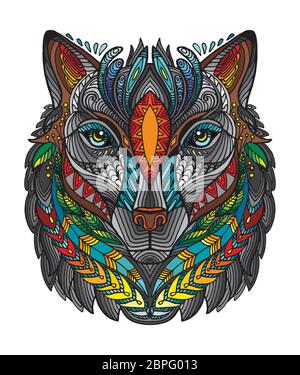 Vettore decorativo doodle testa ornamentale di lupo. Vettore astratto colorato illustrazione della testa lupo isolato su sfondo bianco. Illustrazione del magazzino Illustrazione Vettoriale