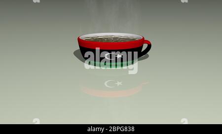 La Libia ha messo su una tazza di caffè caldo in un'illustrazione 3D che si riflette sul pavimento con una prospettiva realistica e ombre Foto Stock