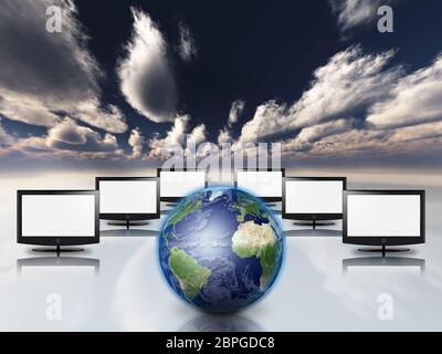 Il pianeta terra. I monitor dei computer rappresenta la rete globale INTERNET. Foto Stock