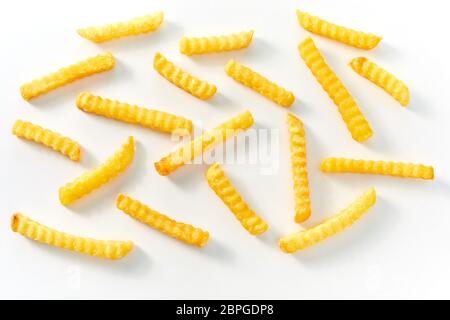 Individuale Francese chip su vista piana su bianco isolare lo sfondo Foto Stock