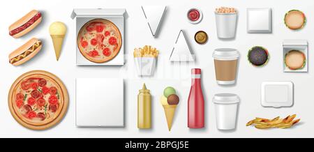 Set realistico di fast food, vista dall'alto per un menu di spuntini del ristorante. Fast food template hamburger isolato, gelato, pizza, popcorn, ketchup. Vettore Illustrazione Vettoriale