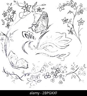 Illustrazione di una farfalla mosca in fiori. Disegno bianco e nero della natura. Foto Stock