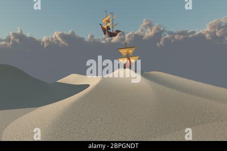 Nave nel deserto e in nubi. Il rendering 3D Foto Stock