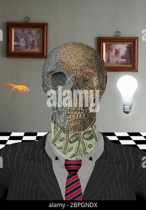 Scheletro in tuta con dollari attorno al collo. Pesce Dorato e lampadina della luce rappresenta i desideri e le idee. Foto Stock