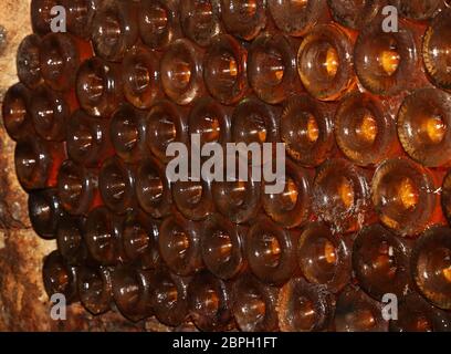 Close up righe retroilluminato di vino bianco bottiglie in vetro impilati l affinamento in cantina Foto Stock