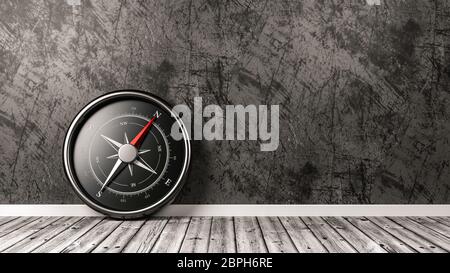 Bussola metallica rosso con ago magnetico rivolto verso il nord sul pavimento di legno contro un muro intonacato con Copyspace, 3D illustrazione Foto Stock