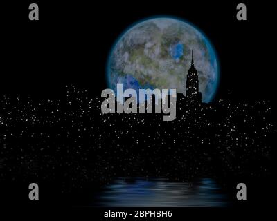 Il rendering 3D. Terraformato moon over night New York City. Foto Stock