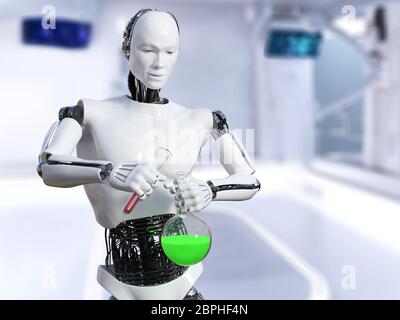 3D rendering di un robot maschio lavora in un laboratorio, facendo un esperimento scientifico. Egli è il versamento di un liquido da un tubo di prova in un becher. Foto Stock