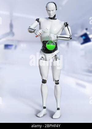 3D rendering di un robot maschio lavora in un laboratorio, facendo un esperimento scientifico. Egli è il versamento di un liquido da un tubo di prova in un becher. Foto Stock