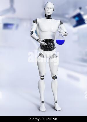 3D rendering di un robot maschio lavora in un laboratorio, facendo un esperimento scientifico. Egli tiene in mano un bicchiere con il blu il liquido in esso. Foto Stock