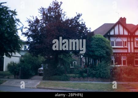 Una casa a conduzione familiare semi indipendente in stile Tudor mock costruita nel 1937, con alberi, arbusti e canne nel giardino anteriore e un'Alfa Romeo Giulia Super beige parcheggiata nel drive a Hatch End Park Estate, Milne Feild, Middlesex, UK Foto Stock