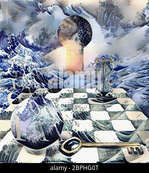 Pittura astratta in colori pastello. Codice binario, chiave. Luce brillante esce dal foro di serratura. Clessidra sulla scacchiera Foto Stock