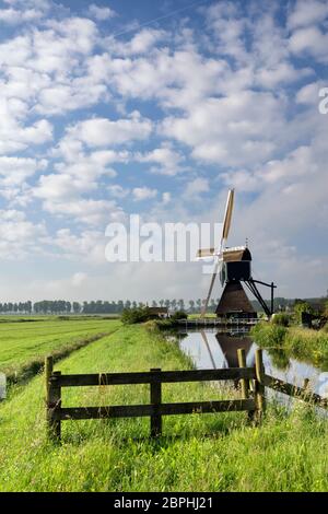 Il mulino Wingerdse vicino al villaggio olandese di Bleskensgraaf riflettendo in stagno Foto Stock