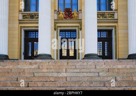 Lo storico edificio neorinascimentale, Casa degli Stati, Säätytalo, dettaglio, è ora utilizzato per riunioni e funzioni ufficiali. Helsinki, Finlandia. Foto Stock