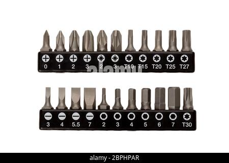 Set completo di teste intercambiabili per cacciavite con punte per armadio e phillips in una gamma di misure alloggiate in un piccolo rack isolato Foto Stock