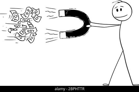 Vettore cartoon figura disegno disegno disegno concettuale di uomo o uomo d'affari che tiene grande magnete che attrae denaro. Illustrazione Vettoriale