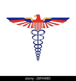 Il serpente medico e l'aquila caduceo stilizzato nei colori della bandiera degli Stati Uniti, isolato su sfondo bianco Illustrazione Vettoriale