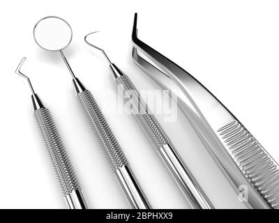 rappresentazione 3d di strumenti diagnostici dentali isolati su sfondo bianco Foto Stock
