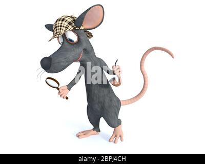 3D rendering di un simpatico cartoon sorridente mouse tenendo una lente di ingrandimento e tubo, vestito come detective Sherlock Holmes. Sfondo bianco. Foto Stock