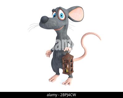 3D rendering di un simpatico cartoon sorridente mouse con una vecchia lanterna con una candela di luce. Sfondo bianco. Foto Stock