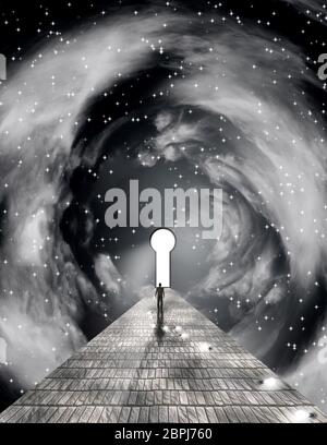 Pittura surreale. La figura di uomo a camminare sulla strada di pietra a toppa di chiave nello spazio. Foto Stock