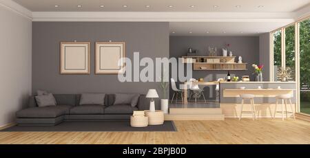 Moderno dalla stanza vivente con il nero divano e tavolo da pranzo in legno - 3d rendering Foto Stock