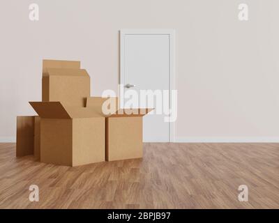 Gruppo di scatole in cartone in movimento nel pavimento interno e porta sullo sfondo - rendering 3d Foto Stock