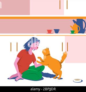 Ragazza abbracci gatto domestico a casa in cucina. Simpatico cartoon disegno piatto personaggio illustrazione vettoriale. Illustrazione Vettoriale