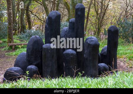 'Black Mound' di David Nash, RA.: Potente collezione di forme di quercia in un huddle scolpito, Tremenheere Sculpture Garden, Penzance, Cornovaglia, UK Foto Stock