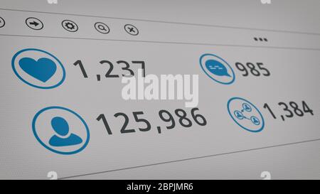 Vista ravvicinata di contatori su un sito social media, seguaci, condivisioni, ama e commenti, concetto di successo Foto Stock