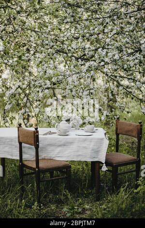 Tavolo da pranzo con tisane e tisane nel bellissimo giardino fiorito. Verticale. Foto Stock