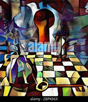 Pittura astratta in colori vividi. Codice binario, chiave. Luce brillante esce dal foro di serratura. Clessidra sulla scacchiera Foto Stock