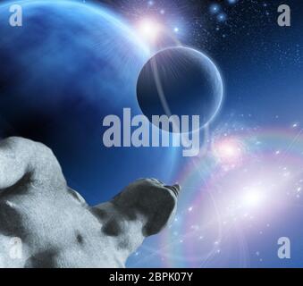 La figura sguardi verso l'alto verso i pianeti Foto Stock