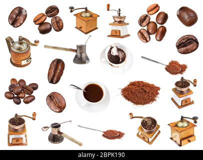 Set da caffè in grani, polvere macinata, macinini da caffè, bevande in bicchieri isolati su sfondo bianco Foto Stock
