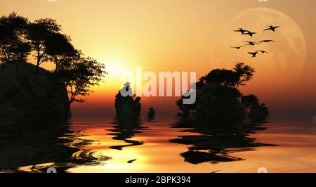 Asia Sunrise. Fantastiche isole, uccelli vola in cielo Foto Stock