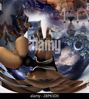 Abstract allucinogeni. L'uomo senza volto con occhio sul suo Palm. Il rendering 3D Foto Stock