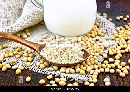 La farina di soia in un cucchiaio e il latte in una caraffa di vetro, i fagioli di soia sul tovagliolo di tela su tavola di legno sfondo Foto Stock