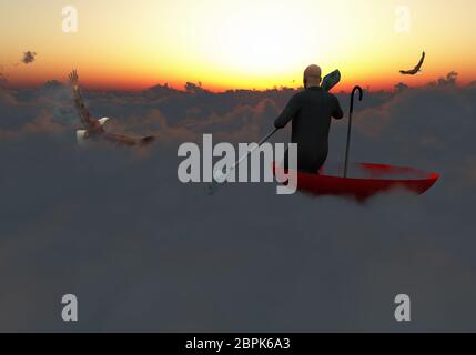Il surrealismo. Uomo in un vestito con paddle galleggianti in rosso ombrello sulle nuvole. Eagle vola in cielo. Foto Stock