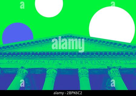 Vista dal basso del Pantheon romano architrave. Un verde blu le due tonalità di bianco e blu con cerchi Foto Stock