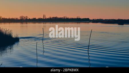 Spettacolare tramonto rosso e viola in inverno sul mare blu della laguna di Caorle a Venezia, con tre canne riflesse nell'acqua Foto Stock