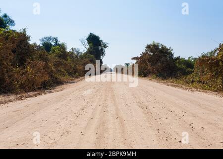 Brasiliano della strada sterrata in prospettiva. Famosi brasiliani Transpantaneira strada sterrata. Area Pantanal, Brasile Foto Stock