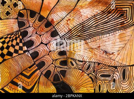 Abstract ornamento nero disegnato a mano con inchiostro nero su carta di colore marrone da brown acquerelli Foto Stock