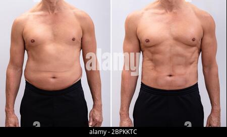 Ritratto di un uomo maturo prima e dopo la perdita di peso su sfondo bianco. Forma del corpo è stata alterata durante il ritocco Foto Stock