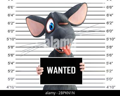 3D rendering di un sorridenti cartoon mouse bloccato la sua lingua fuori e facendo una buffa faccia tenendo un voluto firmare mentre ottenendo la sua mug shot. Foto Stock