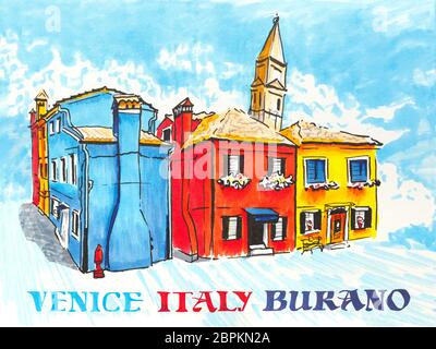 Case colorate e chiesa sulla famosa isola di Burano, Venezia, Italia. Foto fatta marcatori Foto Stock
