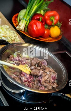 gulasch di selvaggina in pentola con cucchiaio, cipolla e verdure Foto Stock