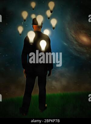 Pittura surreale. Uomo in tuta sorge in campo. Lampadine della luce intorno alla sua testa rappresenta le idee. Foto Stock