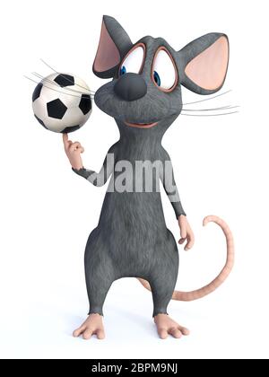 3D rendering di un simpatico cartoon sorridente mouse la filatura di un pallone da calcio sul suo dito. Sfondo bianco. Foto Stock