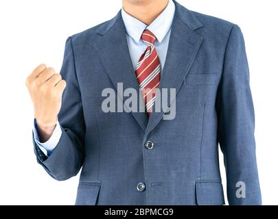 Primo piano, maschio che indossa il blu in tuta e fascetta rossa che raggiunge la mano isolata con il percorso di ritaglio Foto Stock